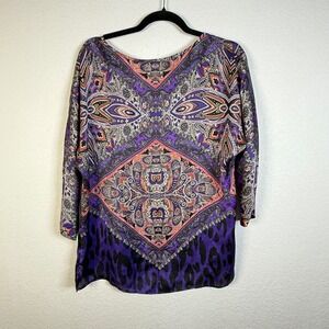 Chico's Paisley Print 3/4 Sleeve Tunic Top Purple Orange Boho Bohemian size 1